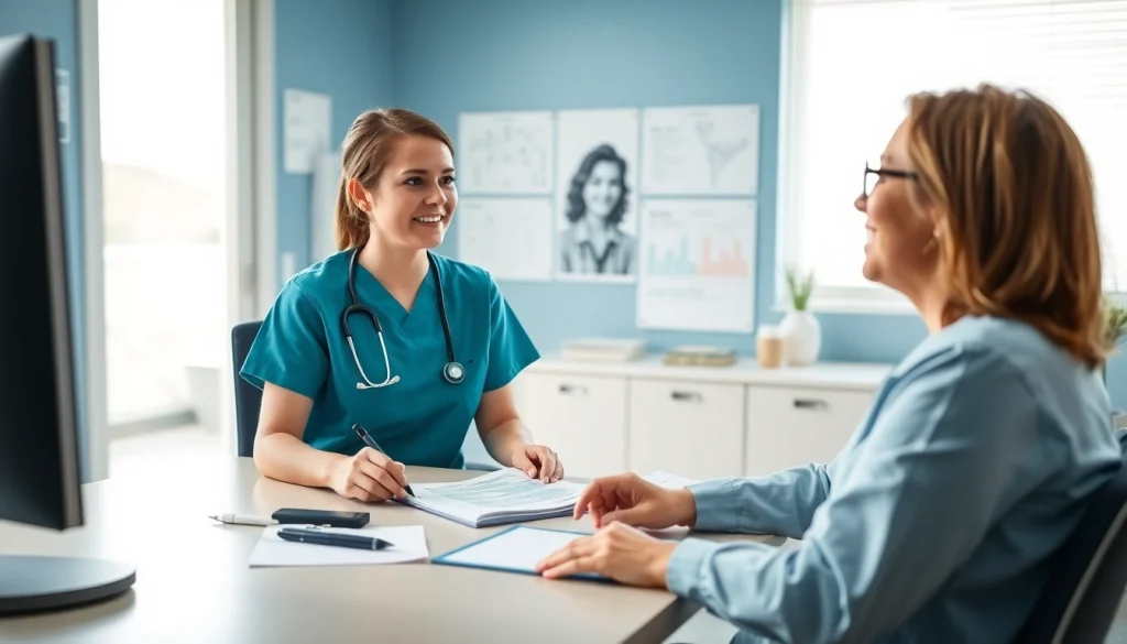 Discussing VDAP program details with a nurse in a clinical office setting.