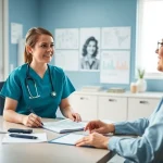 Discussing VDAP program details with a nurse in a clinical office setting.