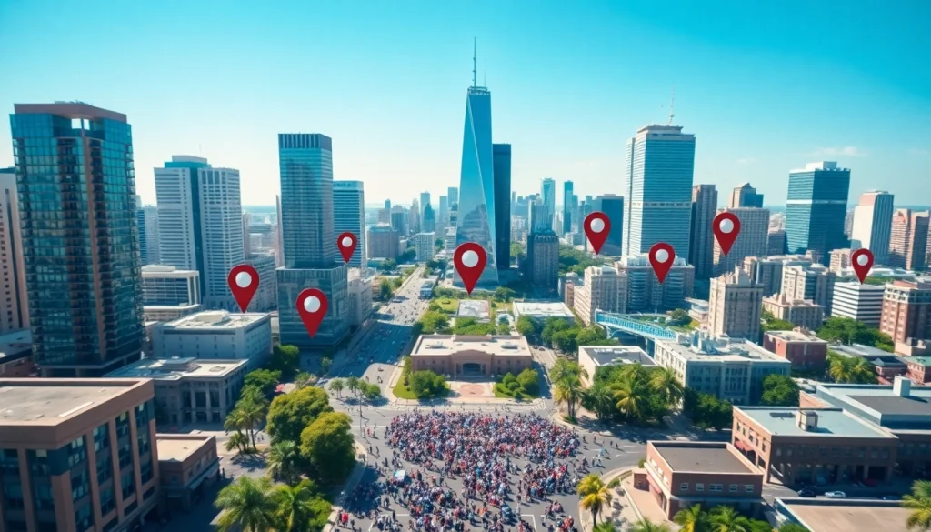 Explore vibrant city Locations with various pins indicating areas of interest and activity.