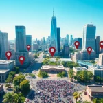 Explore vibrant city Locations with various pins indicating areas of interest and activity.