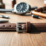 Examine a stylish 18mm leather watch strap featuring detailed stitching and premium leather.