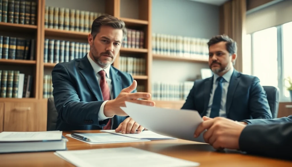 Engaged eminent domain lawyer consulting with a client over legal documents in an office.