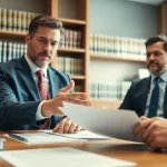 Engaged eminent domain lawyer consulting with a client over legal documents in an office.