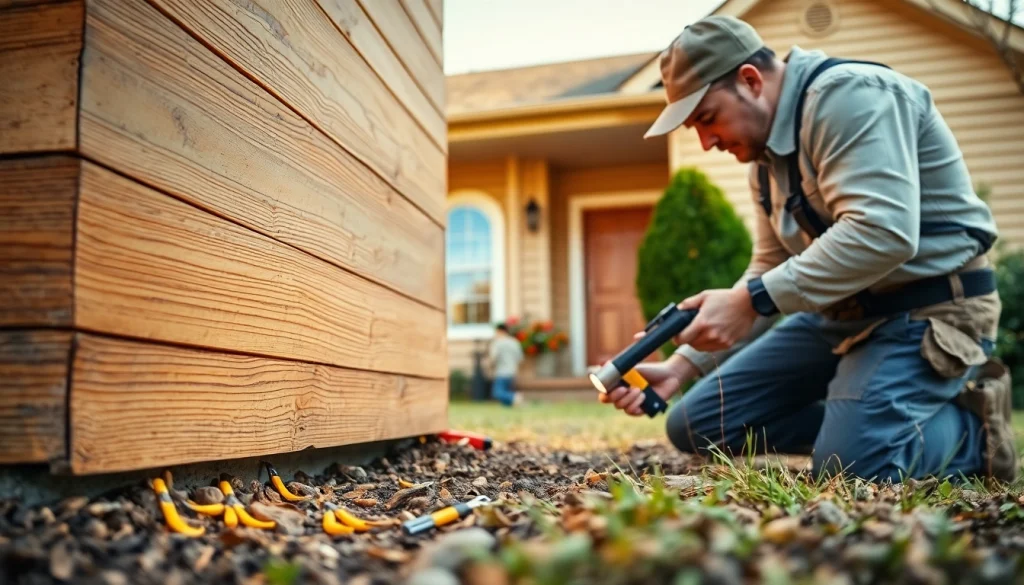 Inspecting potential termite treatments with a pest control technician examining a wooden structure.