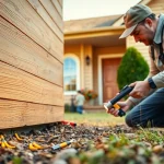 Inspecting potential termite treatments with a pest control technician examining a wooden structure.