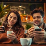 Two individuals engaged in anonymous conversations, enjoying coffee in a cozy café.