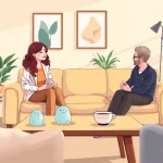 Counselling session with a therapist listening intently in a warm and inviting office space.