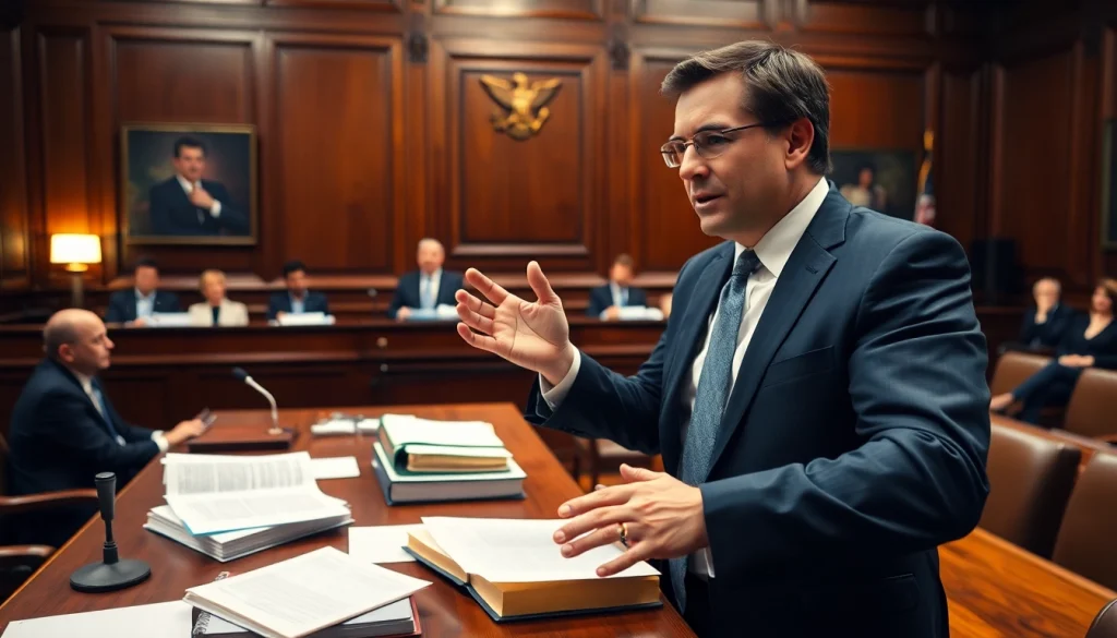 A dedicated eminent domain lawyer passionately advocating for a client in a courtroom.