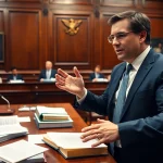 A dedicated eminent domain lawyer passionately advocating for a client in a courtroom.
