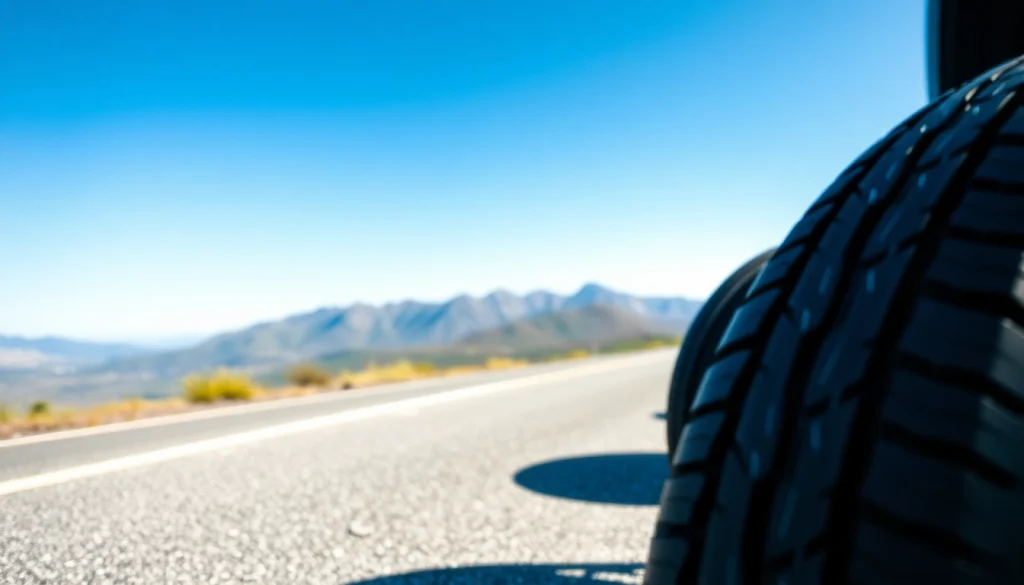 Showcasing General tires with intricate tread patterns on a sunny road setting.