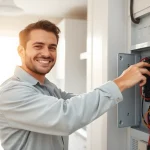 Skilled technician providing Electrical Service in a modern home installation.
