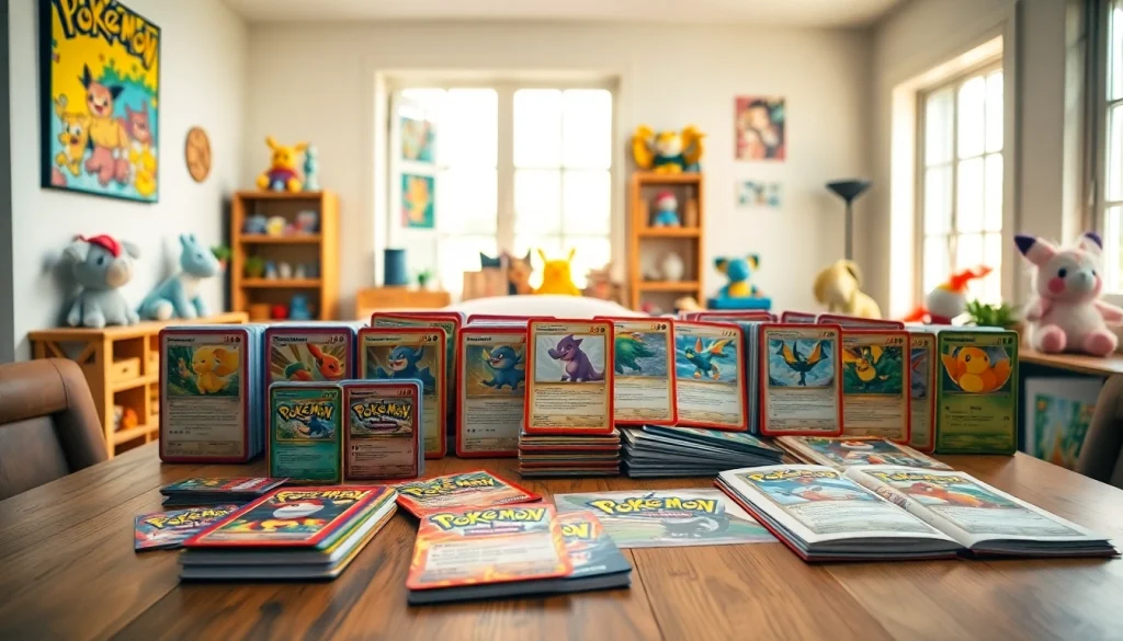 Showcase of Pokemon cards in India on a wooden table, highlighting collection and gaming accessories.