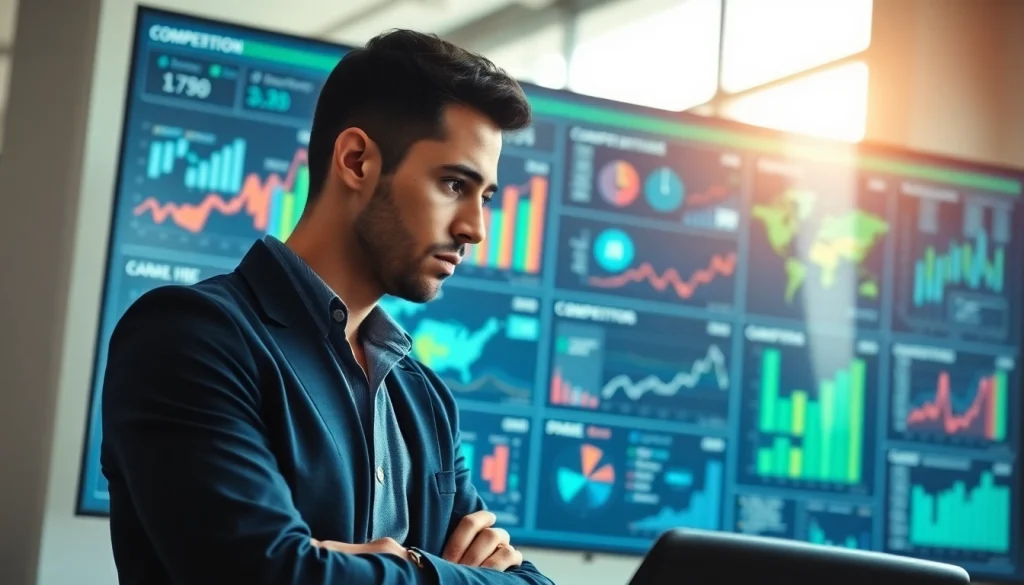 Analyze competitive intelligence data in a modern office environment for strategic insights.