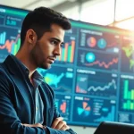 Analyze competitive intelligence data in a modern office environment for strategic insights.