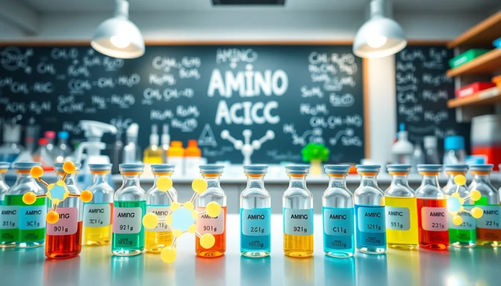 Amino Acid moleküllerinin laboratuvar ortamında sergilendiği renkli vial görünümü.