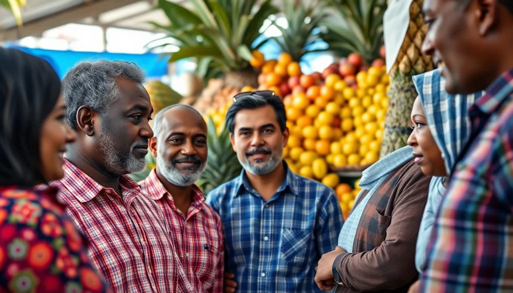 Sugar buyers engaging in negotiations within a vibrant market setting, showcasing collaboration.