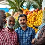 Sugar buyers engaging in negotiations within a vibrant market setting, showcasing collaboration.