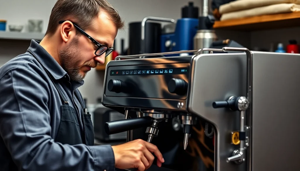 Cimbali teknik servis: Skilled technician servicing a Cimbali espresso machine with tools and expertise.