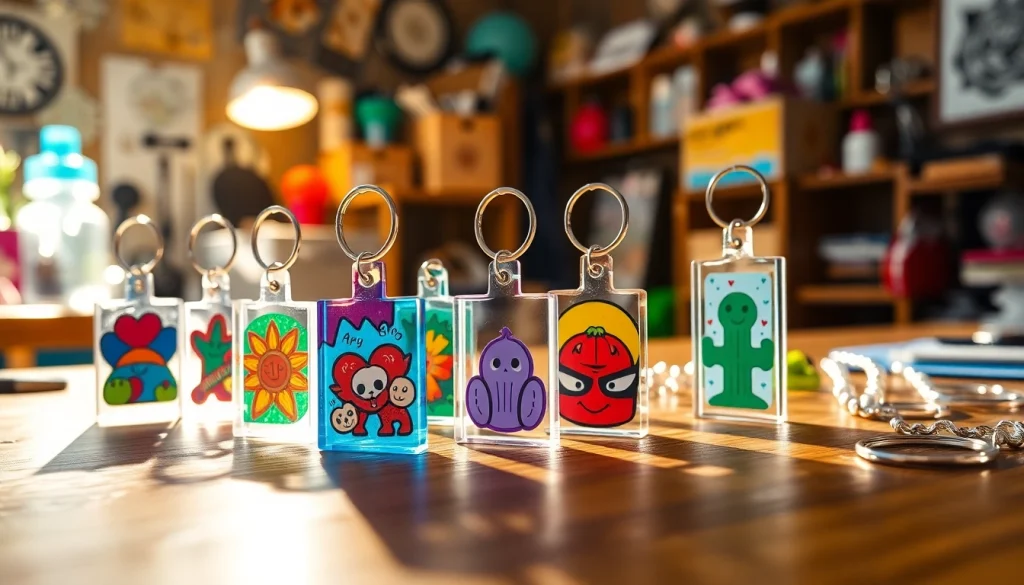 Showcasing vibrant acrylic keychain custom designs arranged artfully on a wooden table.