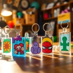 Showcasing vibrant acrylic keychain custom designs arranged artfully on a wooden table.