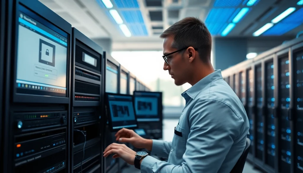 Technician managing Backup Services Markham in a professional office setting with advanced technology.