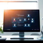 Engaging AI chat bot interface showcased on a modern desktop in a professional workspace.