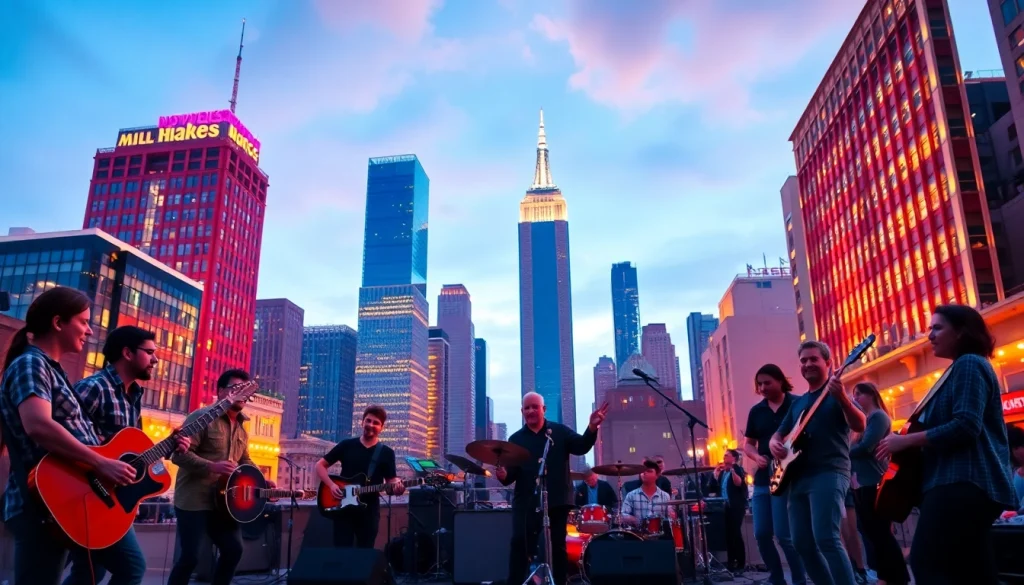 Engaging musicians using music promotion services in a vibrant urban setting.