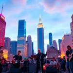 Engaging musicians using music promotion services in a vibrant urban setting.