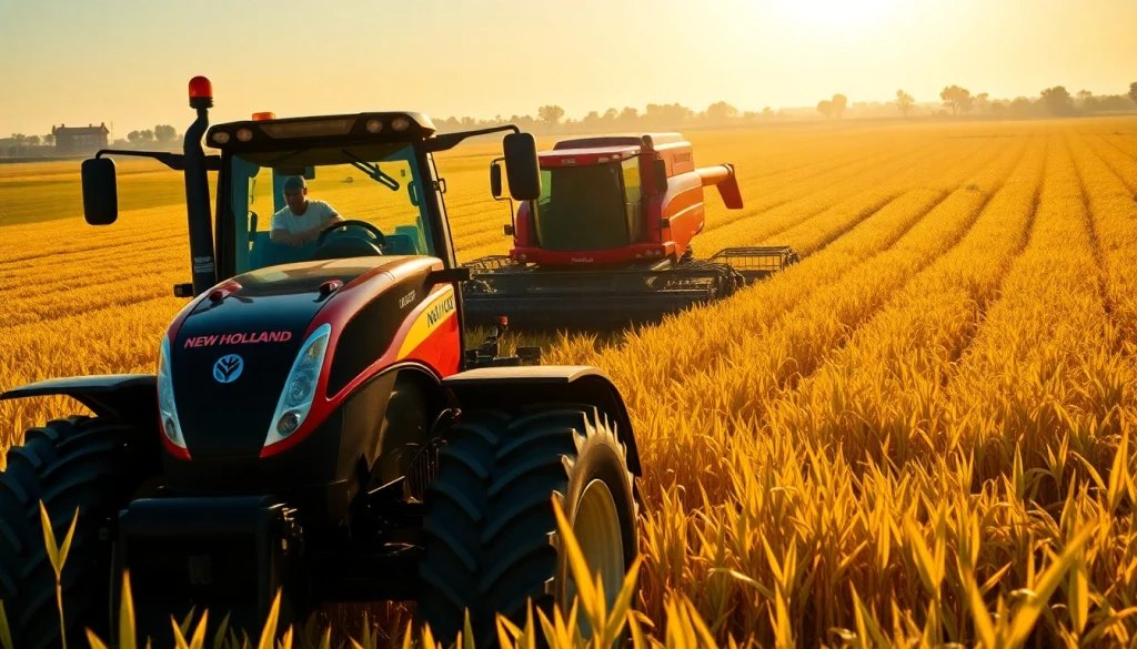 New Holland Traktor in voller Aktion auf einem Feld, das die landwirtschaftliche Produktivität zeigt.