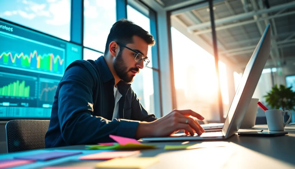 Marketer engaging with an AI content marketing platform, showcasing data analysis and creativity.