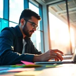 Marketer engaging with an AI content marketing platform, showcasing data analysis and creativity.