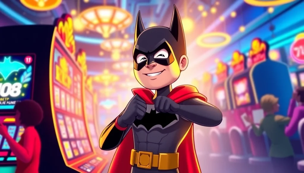Menampilkan antusiasme bermain slot dengan batman138 rtp di mesin slot digital yang cerah.