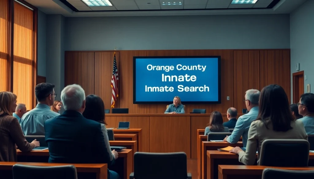 Engaging courtroom scene highlighting orange county inmate search with legal experts and a digital display.