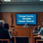 Engaging courtroom scene highlighting orange county inmate search with legal experts and a digital display.