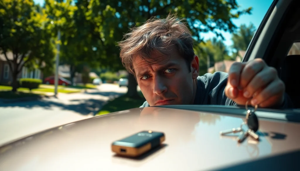 Person frustrated with keys locked in car, trying to assess the situation.