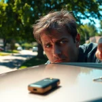 Person frustrated with keys locked in car, trying to assess the situation.