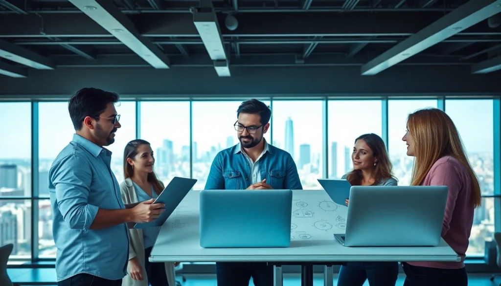 Site reliability engineering experts engaged in a collaborative discussion in a modern office setting.