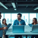 Site reliability engineering experts engaged in a collaborative discussion in a modern office setting.