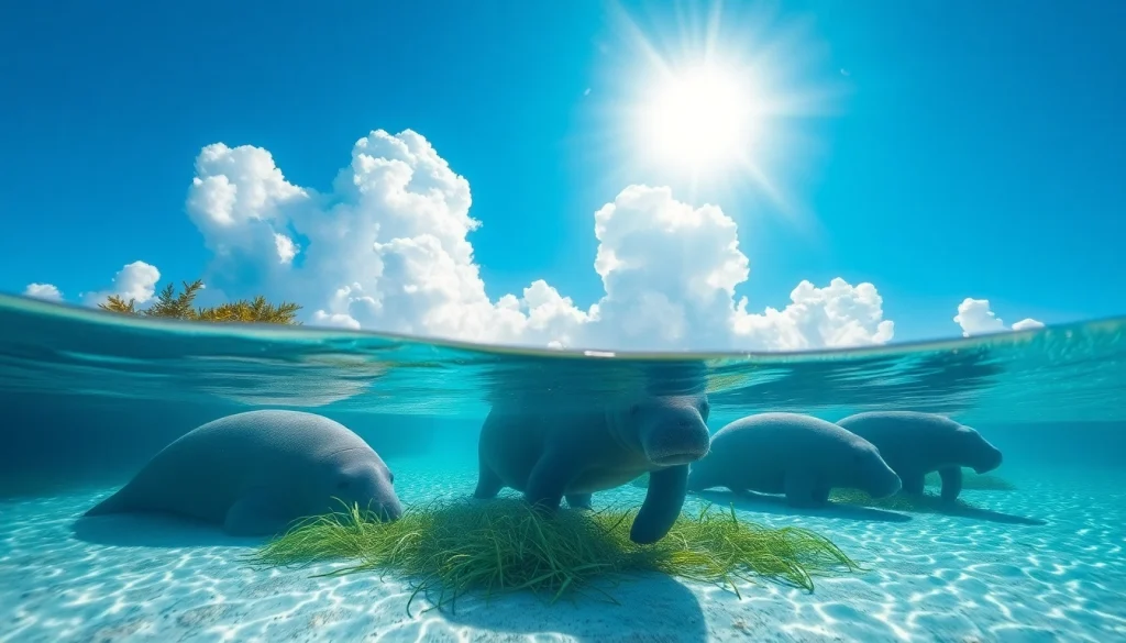 Manatees swimming gracefully in a clear lagoon in Puerto Rico amidst a lush tropical backdrop.