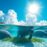 Manatees swimming gracefully in a clear lagoon in Puerto Rico amidst a lush tropical backdrop.