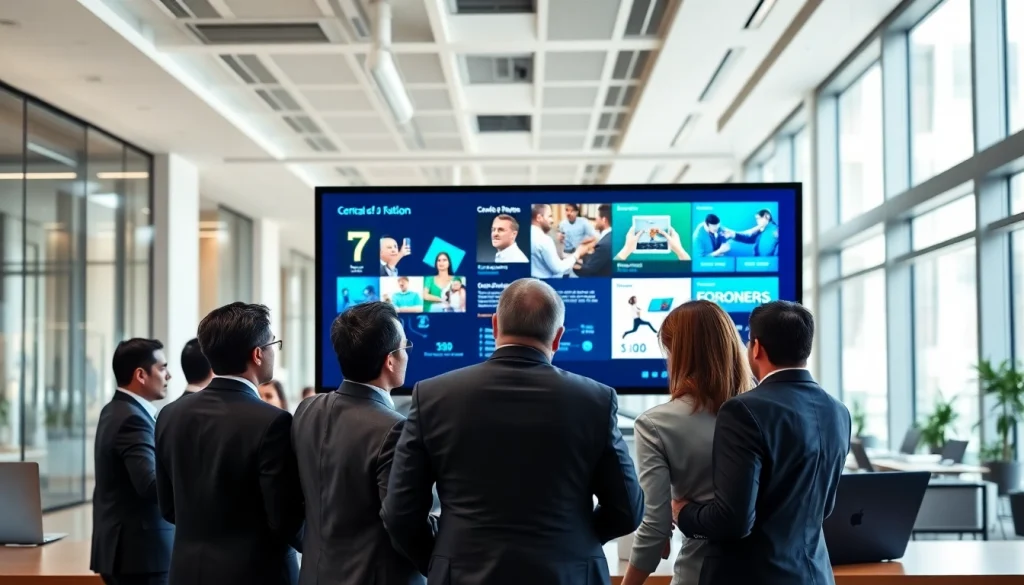 Engaged professionals utilizing a Cloud-based digital signage solution in a modern office setting.
