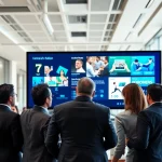 Engaged professionals utilizing a Cloud-based digital signage solution in a modern office setting.