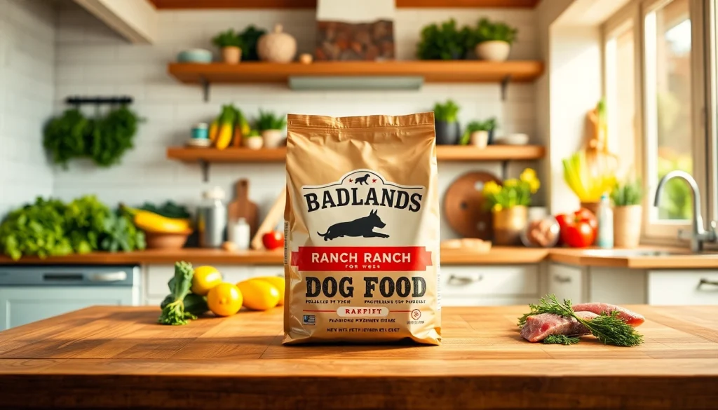 Showcasing badlands ranch dog food next to fresh ingredients, emphasizing quality and nutrition.