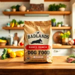 Showcasing badlands ranch dog food next to fresh ingredients, emphasizing quality and nutrition.