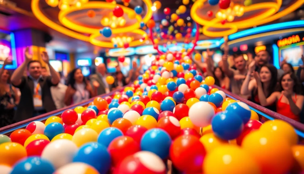 Permainan plinko slot yang menegangkan dengan bola jatuh di grid warna-warni.
