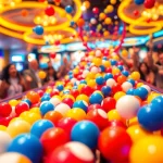 Permainan plinko slot yang menegangkan dengan bola jatuh di grid warna-warni.