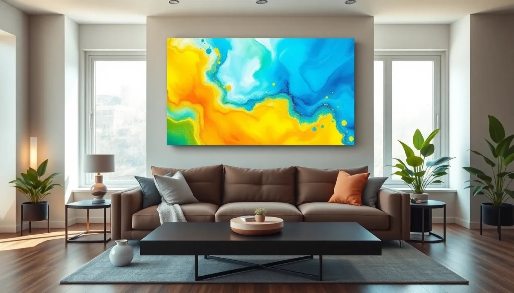 Bright canvas print wall art enhancing a modern living room with vibrant colors.