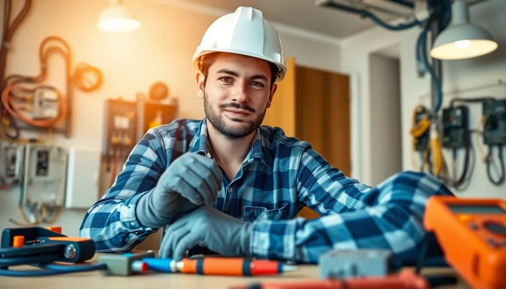 Electrician Clearwater performing wiring installation with professional tools in a bright workspace.