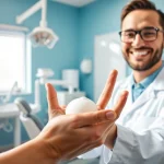 Highlighting the importance of hygiene, a dentist demonstrates handwashing in a clean dental clinic.