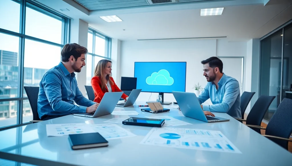 Cloud migratie proces met IT-professionals die samenwerken aan technologie in een moderne kantooromgeving.